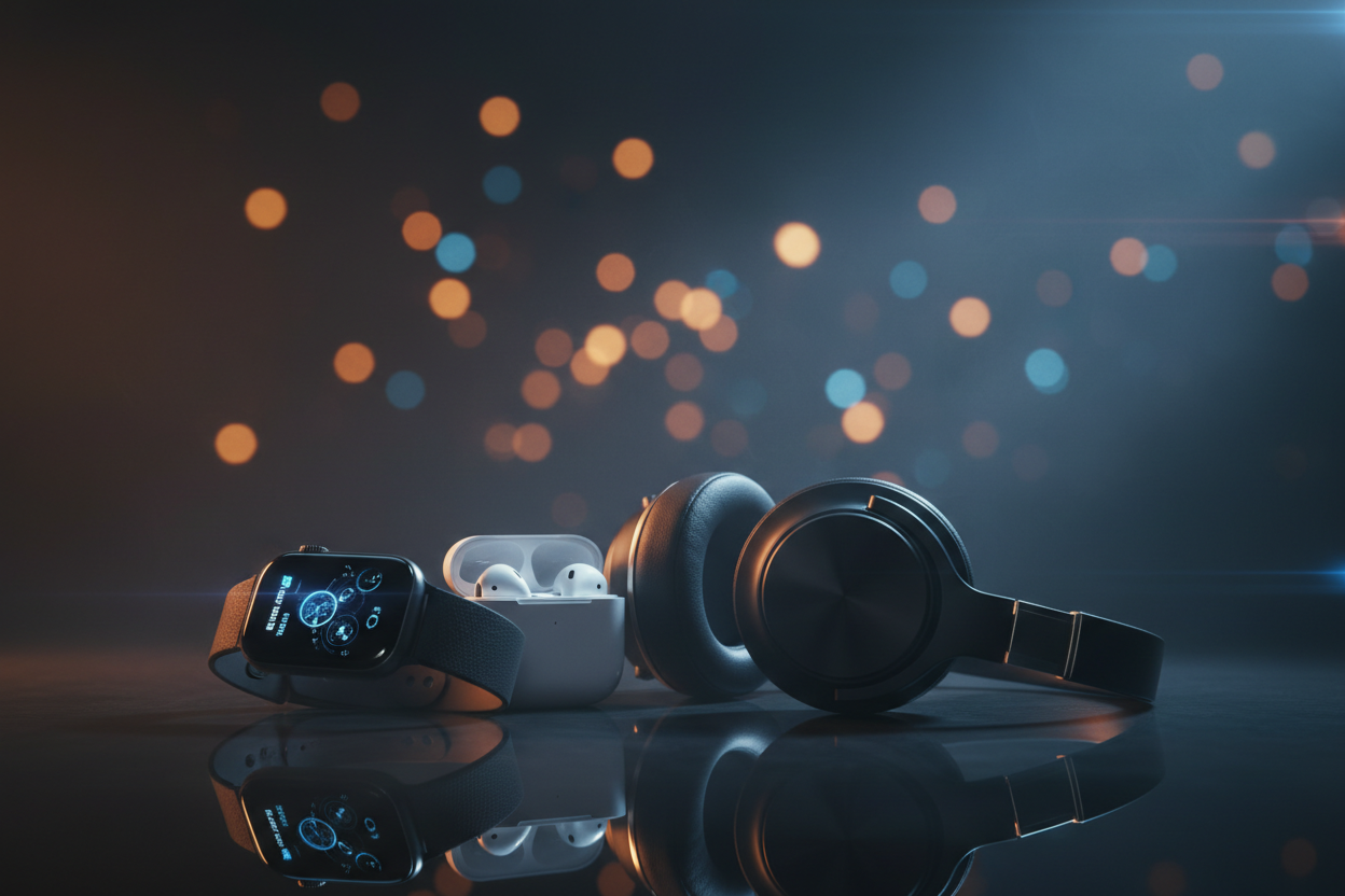 SMART WATCH AIRPODS AND HEADPHONES USE CINEMATIC BACKGROUND 